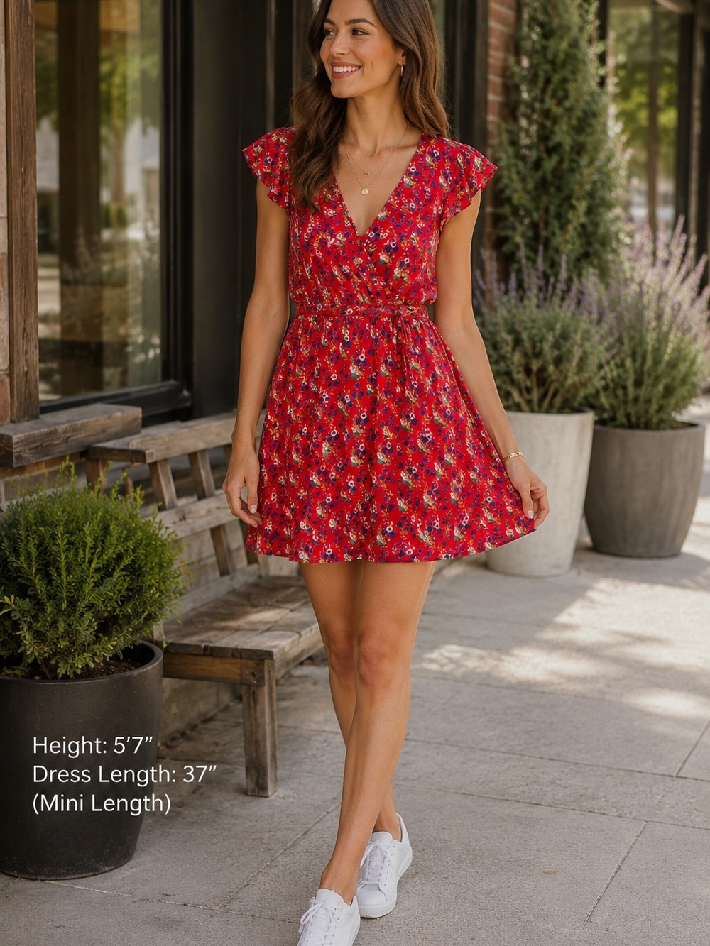 ☀️Maeve Anthropologie Floral Wrap Dress Red Flutter Sleeve Midi Size XS/S